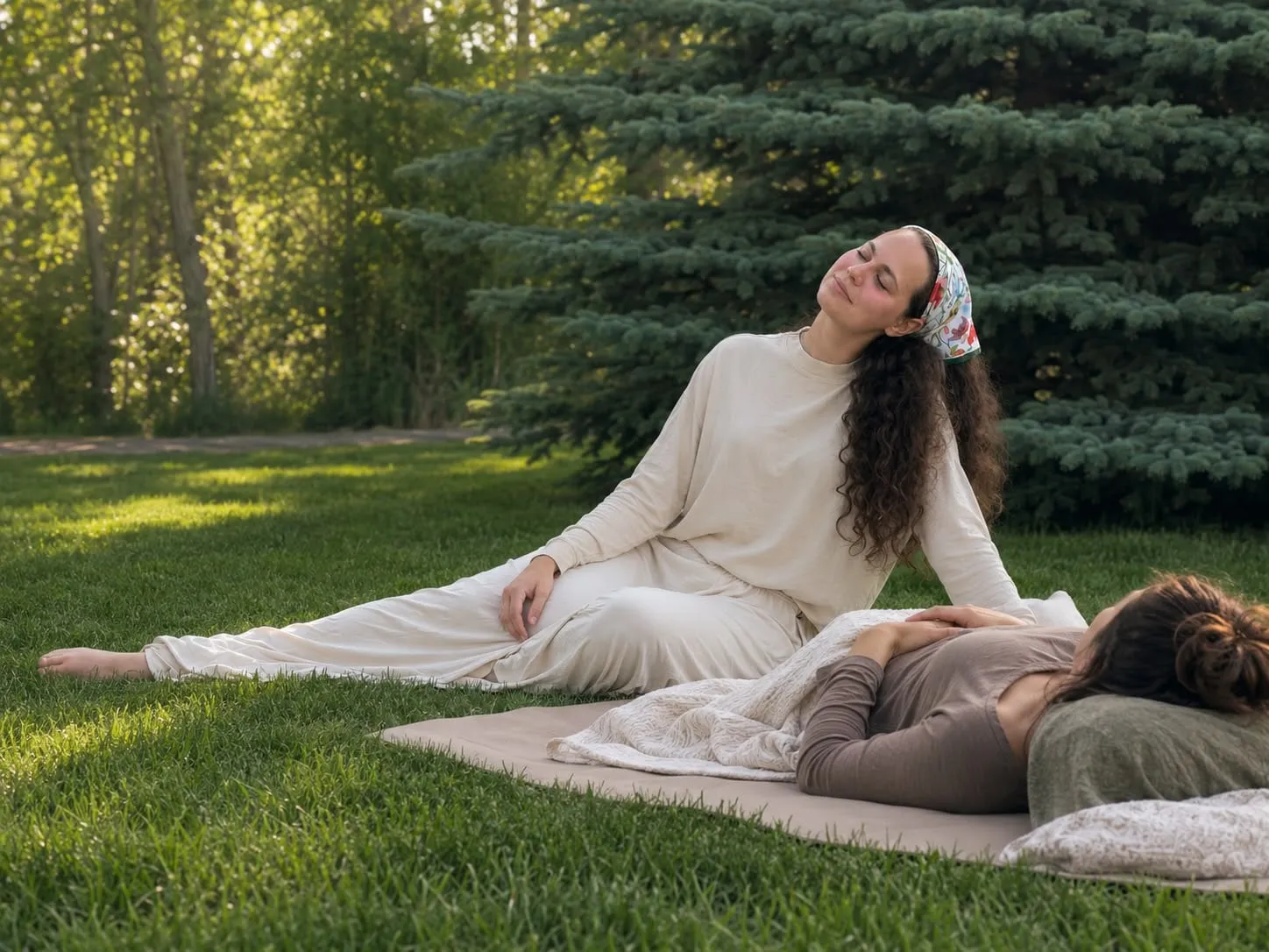 Aliza guiding a client through a somatic healing session outdoors.