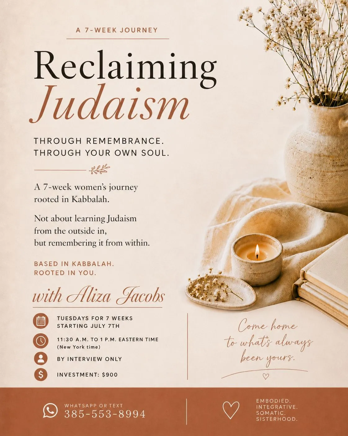 Flyer for Reclaiming Judaism — a 7-week women's journey rooted in Kabbalah, with Aliza Jacobs.
